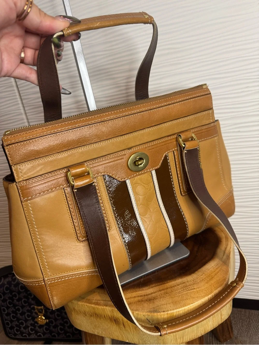 Vintage Y2K Coach Hampton Turnlock Signature Stripe Satchel Bag Tan Brown 11609